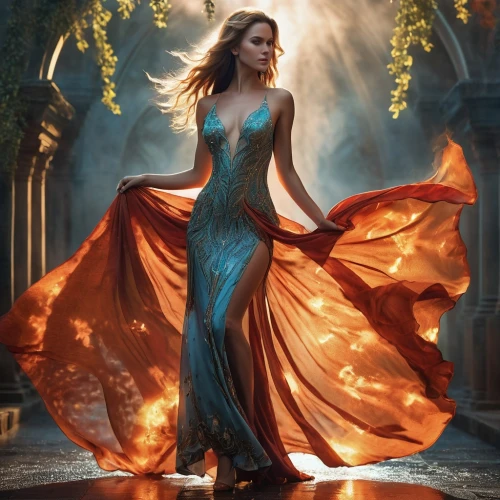 celtic woman,girl in a long dress,evening dress,sorceress,cinderella,fire dancer,fantasy picture,firedancer,fantasy art,fairy queen,katniss,ball gown,gown,orange robes,fantasy woman,fantasia,faery,flame spirit,enchanting,fantasy portrait,Photography,General,Realistic