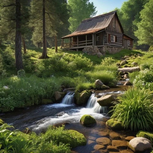 water mill,log home,log cabin,house in the forest,home landscape,summer cottage,the cabin in the mountains,small cabin,landscape background,mountain stream,salt meadow landscape,house in mountains,idyllic,cottage,house in the mountains,world digital painting,log bridge,mountain spring,river landscape,brook landscape,Photography,General,Realistic