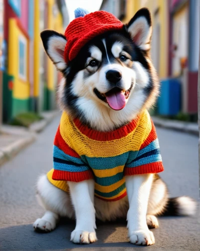 cheerful dog,husky,malamute,sakhalin husky,alaskan malamute,animals play dress-up,siberian husky,welsh corgi cardigan,color dogs,swedish lapphund,native american indian dog,cute puppy,shiba inu,finnish lapphund,indian dog,dog clothes,akita inu,canadian eskimo dog,alaskan klee kai,miniature siberian husky,Photography,General,Fantasy