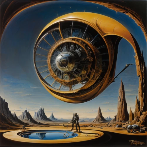 heliosphere,futuristic landscape,planet eart,copernican world system,klaus rinke's time field,orrery,geocentric,time spiral,science fiction,space art,pioneer 10,planetary system,science-fiction,clockmaker,spacecraft,orbiting,surrealism,skywatch,chronometer,cosmonautics day