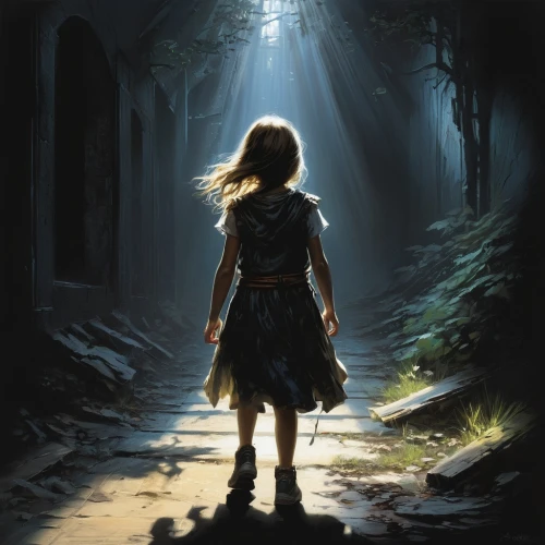 mystical portrait of a girl,girl walking away,the little girl,heroic fantasy,guiding light,the mystical path,games of light,light bearer,the path,little girl in wind,the wanderer,world digital painting,sci fiction illustration,fantasy picture,the girl in nightie,mystery book cover,hall of the fallen,light of night,croft,fable,Conceptual Art,Fantasy,Fantasy 12
