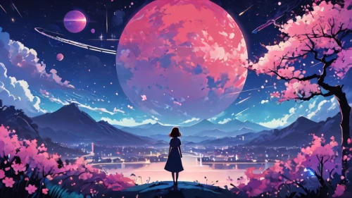 fantasia,cosmos,fairy galaxy,dream world,lunar,earth rise,cosmos field,moon and star background,fairy world,cosmos wind,space art,astral traveler,universe,芦ﾉ湖,purple landscape,japanese sakura background,free land-rose,galaxy,other world,planet,Illustration,Japanese style,Japanese Style 06