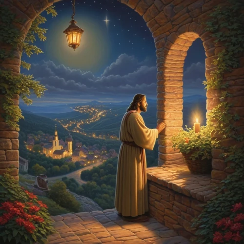 fantasy picture,bethlehem,star of bethlehem,the star of bethlehem,benediction of god the father,the annunciation,genesis land in jerusalem,background image,the mystical path,fantasy art,the threshold of the house,the abbot of olib,star-of-bethlehem,the prophet mary,garden star of bethlehem,church painting,candlemas,monastery israel,pilgrimage,third advent,Illustration,Realistic Fantasy,Realistic Fantasy 27