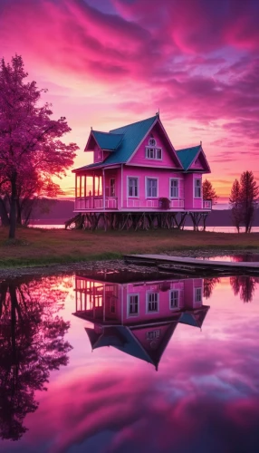 house with lake,house by the water,pink dawn,purple landscape,beautiful home,house silhouette,splendid colors,lonely house,summer cottage,country house,home landscape,incredible sunset over the lake,cottage,beautiful landscape,rose pink colors,deep pink,abandoned house,houseboat,summer house,wooden house,Photography,General,Realistic