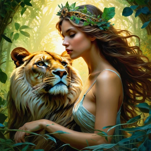 she feeds the lion,lionesses,forest king lion,fantasy art,fantasy picture,lioness,panthera leo,two lion,fantasy portrait,romantic portrait,dryad,lions couple,fauna,zodiac sign leo,faery,the enchantress,lion,king of the jungle,amorous,forest animals,Conceptual Art,Fantasy,Fantasy 05