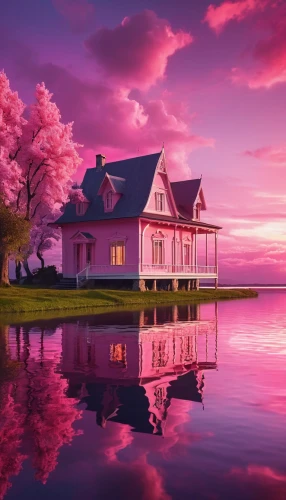 house by the water,house with lake,purple landscape,summer cottage,pink dawn,lonely house,beautiful home,houseboat,home landscape,splendid colors,cottage,beautiful landscape,beautiful lake,incredible sunset over the lake,boathouse,tropical house,evening lake,pink-purple,fisherman's house,house silhouette,Photography,General,Realistic