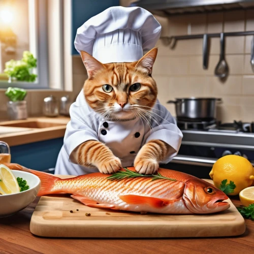 caterer,chef,salmon fillet,food preparation,fresh fish,men chef,fish products,red tabby,cat image,pet vitamins & supplements,fishmonger,domestic cat,fish-surgeon,cuisine classique,pastry chef,tuna steak,smoked fish,cat food,domestic animal,sea foods,Photography,General,Realistic