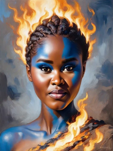 african woman,oil painting on canvas,fire artist,african art,botswana,fire and water,khokhloma painting,oil on canvas,fire angel,fire siren,hosana,flame spirit,oil painting,human torch,warrior woman,nigeria woman,african american woman,torch-bearer,flame of fire,suya,Digital Art,Impressionism
