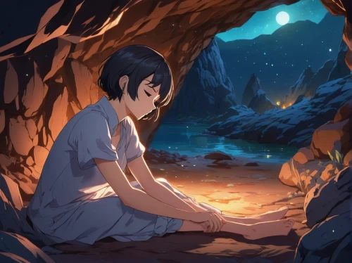 2d,howl,blue cave,studio ghibli,cg artwork,moonlight,lonely child,sonoda love live,game illustration,dusk background,fireflies,world end,would a background,falling star,shelter,night scene,background with stones,background images,moonlit night,meteora,Illustration,Japanese style,Japanese Style 03