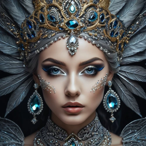 headdress,adornments,blue enchantress,fantasy art,diadem,queen of the night,jeweled,miss circassian,fantasy portrait,venetian mask,fairy queen,the carnival of venice,the snow queen,oriental princess,ice queen,crowned,priestess,headpiece,masquerade,feather headdress,Photography,General,Fantasy