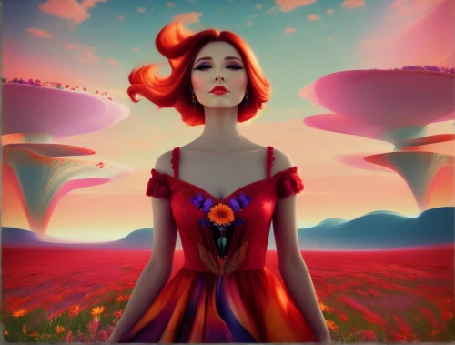 psychedelic art,fantasy portrait,world digital painting,queen of hearts,red dahlia,sky rose,fantasia,transistor,flora,fantasy picture,fantasy art,red magnolia,red poppy,surrealistic,fantasy woman,poppy red,blood milk mushroom,surrealism,fire pearl,coral