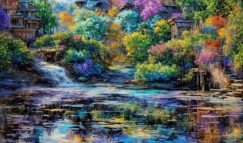 colorful water,river landscape,aura river,a river,world digital painting,colored pencil background,waterscape,water scape,oil painting on canvas,cascading,painting technique,oil painting,flowing creek,river view,colorful background,fountain pond,art painting,fantasy landscape,digital art,reflections in water,Common,Common,Photography