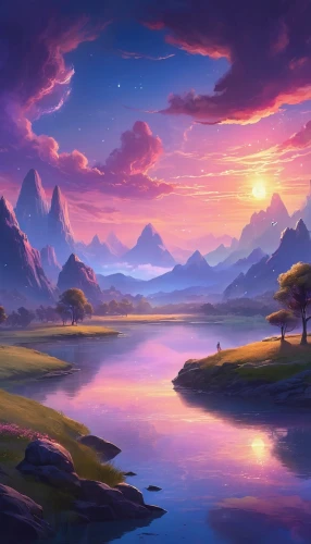 purple landscape,fantasy landscape,landscape background,dusk background,fantasy picture,river landscape,mountain landscape,dusk,purple wallpaper,beautiful landscape,an island far away landscape,evening lake,mushroom landscape,futuristic landscape,salt meadow landscape,desert landscape,mountainous landscape,mountain sunrise,nature landscape,high landscape,Illustration,Realistic Fantasy,Realistic Fantasy 01