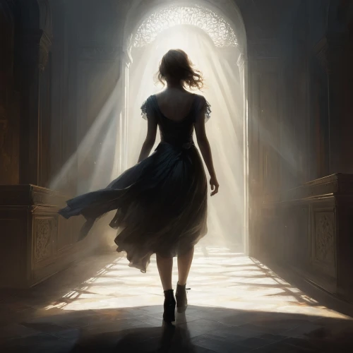 mystical portrait of a girl,games of light,hall of the fallen,woman silhouette,girl walking away,the pillar of light,light bearer,threshold,the light,guiding light,the threshold of the house,inner light,girl on the stairs,cinderella,digital painting,world digital painting,cg artwork,a girl in a dress,fantasia,cloak,Conceptual Art,Fantasy,Fantasy 11