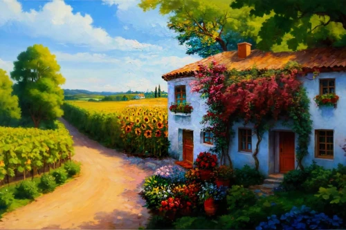 home landscape,italian painter,cottage garden,wine house,provence,summer cottage,country cottage,vineyard,country house,oil painting on canvas,art painting,vineyards,rural landscape,private house,house painting,yellow garden,cottage,oil painting,farm house,splendor of flowers