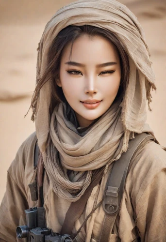 islamic girl,oriental girl,asian woman,female warrior,vietnamese woman,korean,girl on the dune,arabian,lost in war,girl with gun,girl in a historic way,soldier,warrior woman,hijaber,korean history,war correspondent,desert background,combat medic,hwalyeob,oriental princess,Photography,Realistic