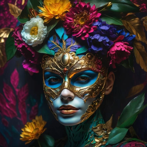 masquerade,venetian mask,fantasy portrait,golden mask,gold mask,kahila garland-lily,girl in a wreath,flora,the carnival of venice,girl in flowers,face paint,fairy peacock,bodypainting,body painting,masque,golden wreath,bodypaint,la catrina,floral composition,mystical portrait of a girl,Photography,Artistic Photography,Artistic Photography 08