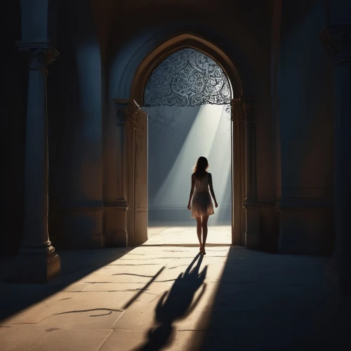 games of light,girl walking away,hall of the fallen,light and shadow,world digital painting,mystical portrait of a girl,woman silhouette,in a shadow,hours of light,the threshold of the house,the light,in the shadows,inner light,threshold,woman walking,visual effect lighting,light of night,girl in a long,girl in a long dress,fantasy picture,Conceptual Art,Fantasy,Fantasy 01