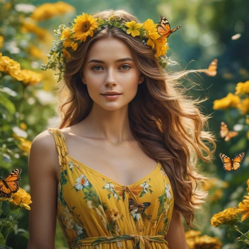 beautiful girl with flowers,girl in flowers,yellow butterfly,flower fairy,golden flowers,butterfly floral,julia butterfly,woodland sunflower,vanessa (butterfly),garden fairy,yellow garden,yellow flowers,spring crown,sun flowers,flower crown,yellow daisies,faerie,girl in a wreath,yellow roses,beauty in nature,Photography,General,Cinematic