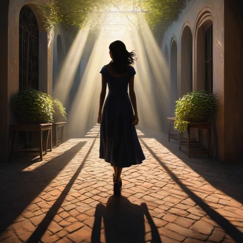 woman silhouette,mystical portrait of a girl,house silhouette,fantasy picture,world digital painting,celtic woman,the threshold of the house,sci fiction illustration,guiding light,girl walking away,girl in a long dress,girl in a historic way,portrait background,digital compositing,girl in a long,light bearer,games of light,the light,woman walking,inner light,Conceptual Art,Fantasy,Fantasy 16