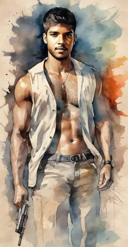 kabir,mass,sagar,action hero,indian celebrity,devikund,male character,jawaharlal,big hero,india gun,thavil,arshan,man holding gun and light,sikaran,khoresh,muscle icon,photo painting,navel,chitranna,film actor,Digital Art,Watercolor