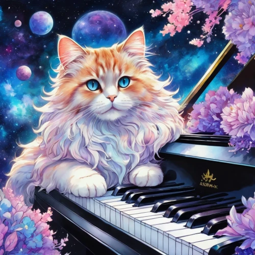 pianist,concerto for piano,piano,composer,blossom kitten,musician,keyboard player,piano player,keyboard instrument,mozartkugel,cat on a blue background,piano lesson,jazz pianist,cat vector,serenade,pianet,piano keyboard,mozartkugeln,cat kawaii,music fantasy,Illustration,Realistic Fantasy,Realistic Fantasy 20