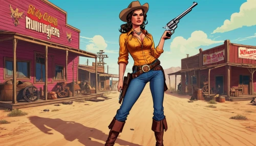 wild west,girl with gun,girl with a gun,gunfighter,woman holding gun,western,cowgirl,wild west hotel,pioneertown,holding a gun,game illustration,cowgirls,fallout4,american frontier,country-western dance,western film,western riding,cowboy bone,shooter game,game art,Illustration,Vector,Vector 19