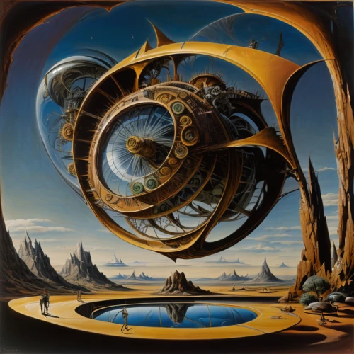 copernican world system,planet eart,time spiral,klaus rinke's time field,geocentric,surrealism,futuristic landscape,flow of time,clockmaker,gyroscope,orrery,planetary system,surrealistic,heliosphere,euclid,armillary sphere,biomechanical,torus,parallel worlds,cybernetics