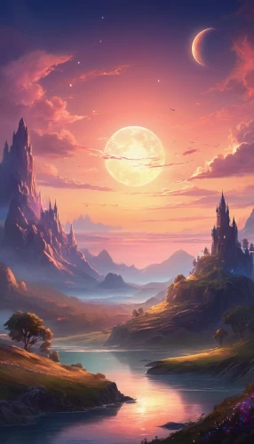 fantasy landscape,landscape background,fantasy picture,purple landscape,lunar landscape,dusk background,an island far away landscape,mushroom landscape,futuristic landscape,high landscape,hot-air-balloon-valley-sky,moon and star background,alien planet,mountainous landscape,mountain sunrise,fantasy art,mountain landscape,world digital painting,desert landscape,beautiful landscape,Illustration,Realistic Fantasy,Realistic Fantasy 01