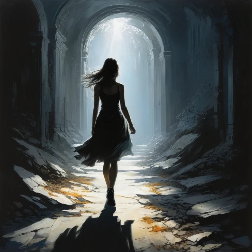 girl walking away,woman walking,mystical portrait of a girl,hollow way,woman silhouette,the girl in nightie,girl in a long,the mystical path,world digital painting,light of night,threshold,passage,sleepwalker,fantasy picture,silhouette art,lost place,lostplace,sci fiction illustration,hall of the fallen,guiding light,Conceptual Art,Fantasy,Fantasy 12