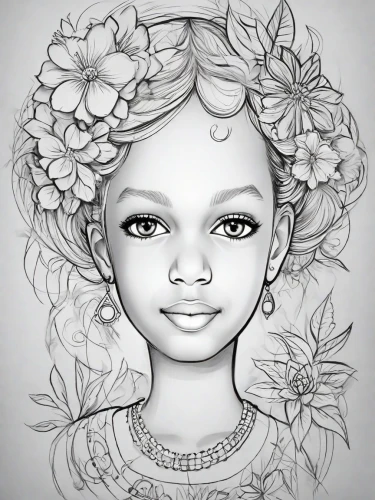 coloring page,polynesian girl,girl in a wreath,coloring pages kids,coloring pages,rose flower illustration,coloring picture,line art wreath,flower crown,flower line art,flower girl,girl portrait,girl in flowers,rose flower drawing,mandala flower illustration,girl drawing,floral wreath,afro-american,afro,mystical portrait of a girl,Digital Art,Line Art