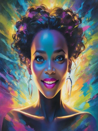 african american woman,african woman,fantasy portrait,afroamerican,moana,afro-american,oil painting on canvas,world digital painting,mystical portrait of a girl,light of art,black woman,cg artwork,art painting,psychedelic art,fantasy art,painting technique,aura,tiana,artist portrait,fantasia