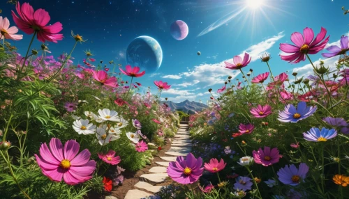 cosmos field,flower field,flowers celestial,field of flowers,splendor of flowers,cosmic flower,flower meadow,pathway,sea of flowers,meadow landscape,blooming field,flower background,the mystical path,flower garden,flowers png,cosmos,flowering meadow,the way of nature,flowers field,fantasy picture,Photography,General,Realistic