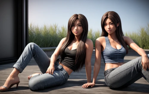 3d rendering,two girls,lotus position,3d rendered,trollius download,girl sitting,female model,mirroring,croft,artificial hair integrations,motorboat sports,render,jeans background,image manipulation,digital compositing,models,3d model,women's clothing,3d background,mirror image