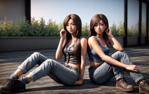 two girls,jeans background,image manipulation,mirroring,photoshop manipulation,digital compositing,girl sitting,3d rendering,croft,3d rendered,photo manipulation,image editing,denim background,elphi,mirror image,young women,render,edit icon,artificial hair integrations,denims