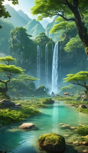 green waterfall,cartoon video game background,landscape background,fantasy landscape,mountain spring,waterfalls,japan landscape,full hd wallpaper,green trees with water,waterfall,underwater oasis,frog background,green landscape,a small waterfall,oasis,water falls,ash falls,green wallpaper,background view nature,water fall,Photography,General,Realistic
