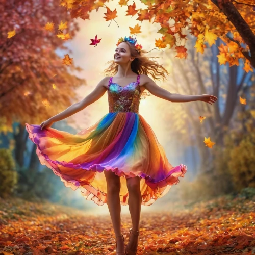 ballerina in the woods,autumn background,faerie,autumn theme,little girl twirling,fairies aloft,ballerina girl,colors of autumn,colorful tree of life,faery,fantasy picture,autumn idyll,light of autumn,little girl fairy,colorful background,falling on leaves,autumn leaves,little girl in wind,throwing leaves,gracefulness,Photography,General,Realistic