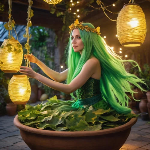 rapunzel,fae,elf,tiana,cosplay image,dryad,elven flower,green mermaid scale,the enchantress,anahata,ivy,fantasy woman,elven,fairy queen,tangled,medusa,faery,background ivy,show off aurora,fairy peacock,Photography,General,Realistic