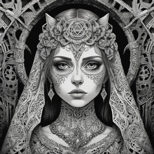 henna frame,fantasy portrait,priestess,masquerade,hamsa,intricate,pencil art,pencil drawings,ornate,veil,fantasy art,la catrina,headdress,bridal,venetian mask,gothic portrait,mandala illustrations,the enchantress,filigree,kundalini,Illustration,Black and White,Black and White 11