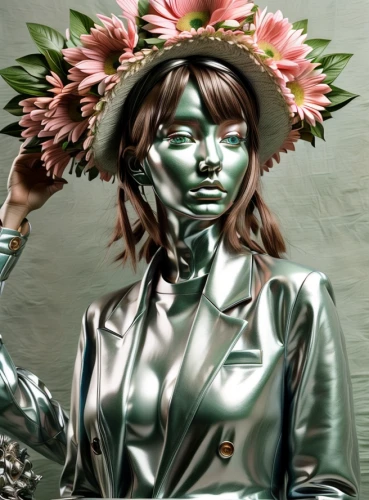 bjork,flora,woman sculpture,girl in a wreath,streampunk,png sculpture,cosmetic,artist's mannequin,tears bronze,bronze sculpture,girl in flowers,flower hat,floral greeting,natural cosmetic,rose png,dryad,bronze figure,flower girl,flowers png,retro flowers