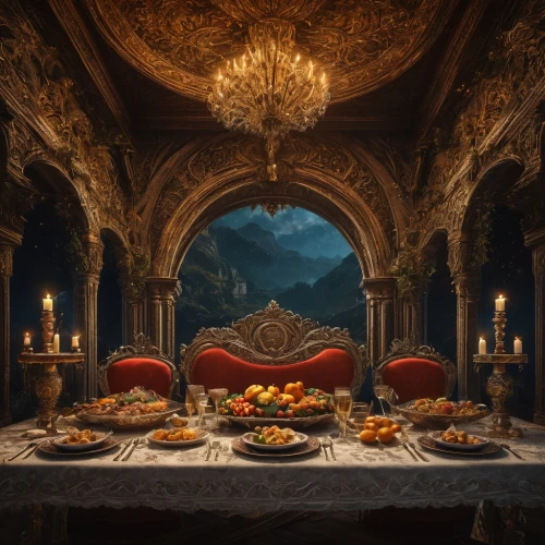 ornate room,tablescape,romantic dinner,dining room,food table,dining table,table setting,the throne,persian norooz,place setting,dining,dinner party,exclusive banquet,breakfast room,candle light dinner,centrepiece,fireplaces,thanksgiving table,fine dining restaurant,fantasy picture,Photography,General,Fantasy