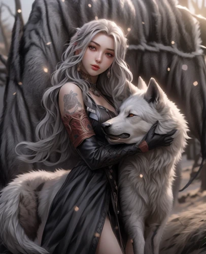 wolf couple,fantasy portrait,fantasy art,fantasy picture,two wolves,girl with dog,gray wolf,wolf,wolves,kitsune,constellation wolf,howling wolf,canidae,wolf's milk,companion dog,sun and moon,silver fox,fairy tale character,european wolf,wolf hunting