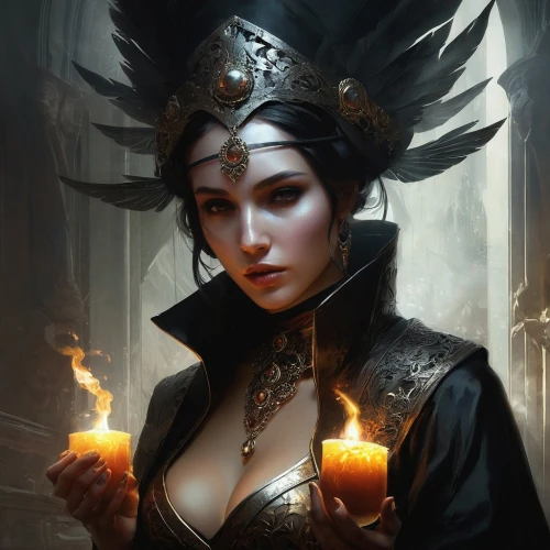 sorceress,fantasy portrait,priestess,candlemaker,black candle,burning candle,dark elf,the enchantress,gothic portrait,fantasy art,golden candlestick,candlelight,crow queen,queen of the night,dodge warlock,mystical portrait of a girl,lady of the night,fantasy picture,artemisia,vampire lady,Conceptual Art,Fantasy,Fantasy 11