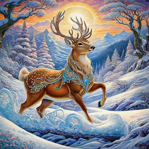 winter deer,christmas deer,deer illustration,elk,caribou,pere davids deer,rudolph,raindeer,stag,sleigh with reindeer,reindeer,christmas snowy background,glowing antlers,male deer,manchurian stag,european deer,deer,sleigh ride,winter animals,reindeer polar,Illustration,Retro,Retro 08