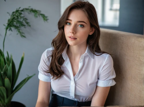 woman sitting,polo shirt,in a shirt,girl sitting,white shirt,dhabi,sitting on a chair,cotton top,menswear for women,lily order,blur office background,fizzy,dress shirt,blouse,secretary,female hollywood actress,interview,virginia,women's clothing,young woman,Photography,General,Natural