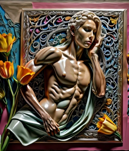 glass painting,decorative figure,sculptor,body building,art deco woman,stained glass,stained glass window,bodypainting,muscular system,body painting,decorative art,stained glass windows,narcissus,classical sculpture,art nouveau frame,art deco frame,art nouveau,bodybuilder,bronze sculpture,artist's mannequin