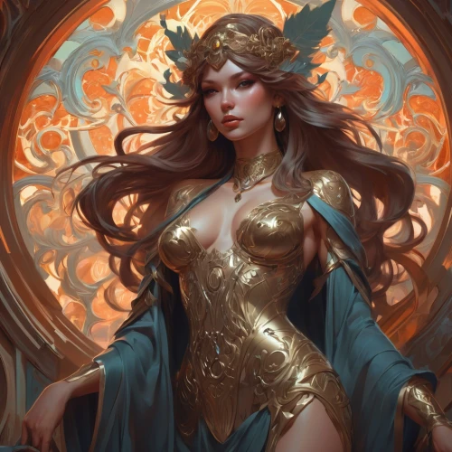 golden wreath,golden crown,gold filigree,fantasy portrait,gold foil mermaid,sorceress,fantasy art,fantasy woman,the enchantress,golden unicorn,gold leaf,priestess,golden flowers,gold lacquer,gold foil art,gold wall,foil and gold,gold foil,zodiac sign libra,gold crown,Conceptual Art,Fantasy,Fantasy 01