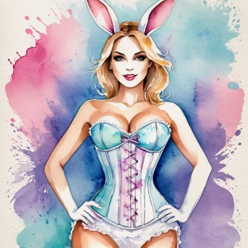 watercolor pin up,bunny,easter bunny,easter theme,deco bunny,bunnies,white bunny,little bunny,alice in wonderland,white rabbit,easter banner,rabbit,easter card,easter background,neo-burlesque,jack rabbit,harley quinn,rabbit ears,retro easter card,cottontail,Illustration,Paper based,Paper Based 25