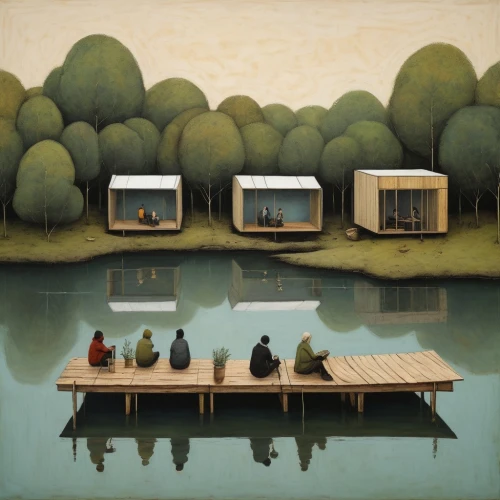floating huts,houseboat,boathouse,stilt houses,house with lake,boat house,fishing float,picnic boat,cube stilt houses,stilt house,people fishing,pedalos,row boats,huts,boat landscape,boat shed,summer house,inverted cottage,yurts,pedal boats,Art,Artistic Painting,Artistic Painting 49
