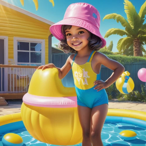 candy island girl,inflatable pool,pool water,summer background,the beach pearl,yellow sun hat,summer floatation,digital compositing,one-piece swimsuit,moana,tankini,girl wearing hat,water park,dolphinarium,baby float,girl in swimsuit,swimming pool,sun hat,summer icons,pool water surface,Illustration,Abstract Fantasy,Abstract Fantasy 04